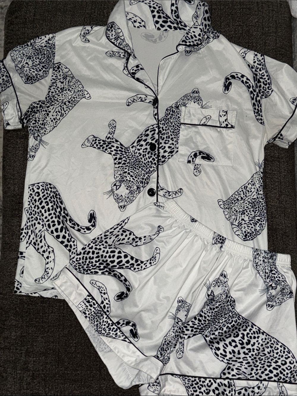 Women's White Leopard Print Button-Up Top and Bottoms Sleep Set satin pajamas